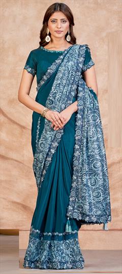 Bridal, Wedding Blue color Saree in Crepe Silk, Satin Silk fabric with Half and Half, South Embroidered, Sequence, Thread work : 1924295