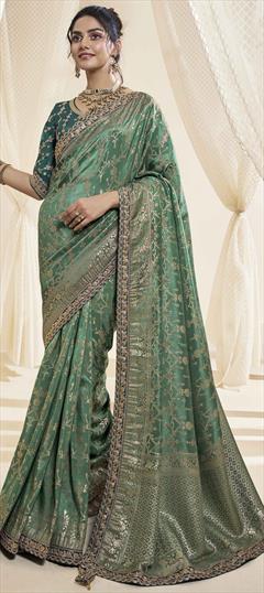 Bridal, Traditional, Wedding Green color Saree in Silk fabric with South Lace, Sequence, Weaving, Zari work : 1924297