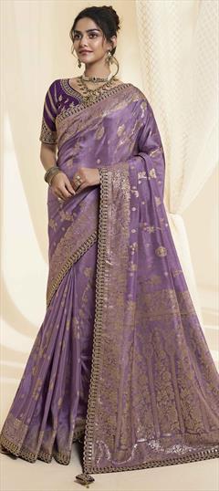 Bridal, Traditional, Wedding Purple and Violet color Saree in Silk fabric with South Lace, Sequence, Weaving, Zari work : 1924298