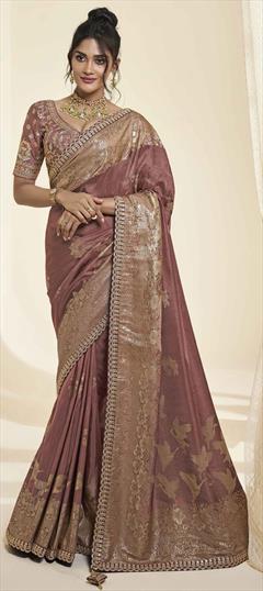 Bridal, Traditional, Wedding Beige and Brown color Saree in Silk fabric with South Lace, Sequence, Weaving, Zari work : 1924302