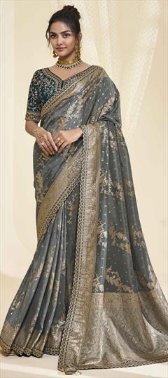 Bridal, Traditional, Wedding Black and Grey color Saree in Silk fabric with South Lace, Sequence, Weaving, Zari work : 1924303