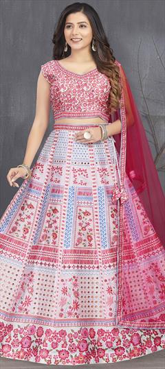 Reception, Wedding Pink and Majenta, White and Off White color Ready to Wear Lehenga in Silk fabric with Flared Mirror, Printed work : 1924377