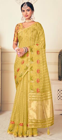Bridal, Traditional, Wedding Yellow color Saree in Silk fabric with South Embroidered, Sequence, Thread work : 1924378