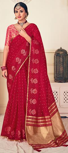 Bridal, Traditional, Wedding Red and Maroon color Saree in Silk fabric with South Embroidered, Sequence, Thread work : 1924382