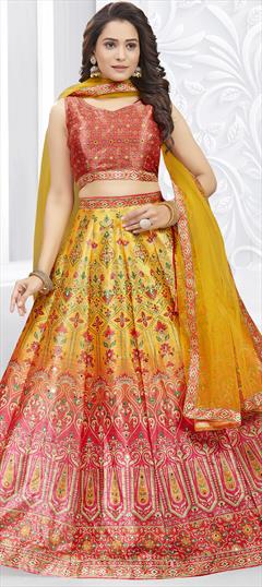 Reception, Wedding Red and Maroon, Yellow color Ready to Wear Lehenga in Silk fabric with Flared Mirror, Printed work : 1924384