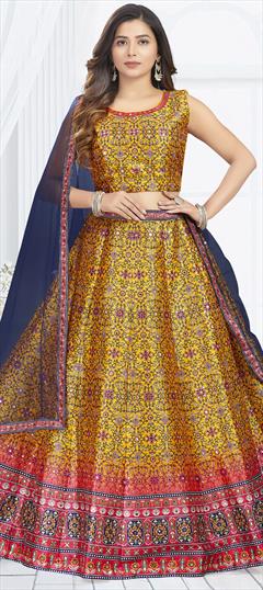 Reception, Wedding Pink and Majenta, Yellow color Ready to Wear Lehenga in Silk fabric with Flared Mirror, Printed work : 1924387