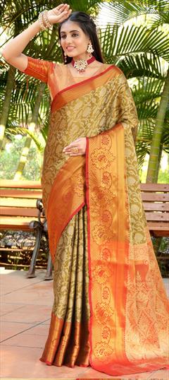 Party Wear, Traditional Gold color Saree in Art Silk fabric with South Weaving, Zari work : 1924403