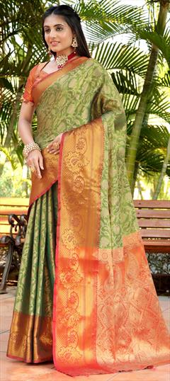 Party Wear, Traditional Green color Saree in Art Silk fabric with South Weaving, Zari work : 1924406
