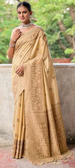 Party Wear, Traditional Beige and Brown color Saree in Raw Silk, Silk fabric with South Weaving work : 1924429