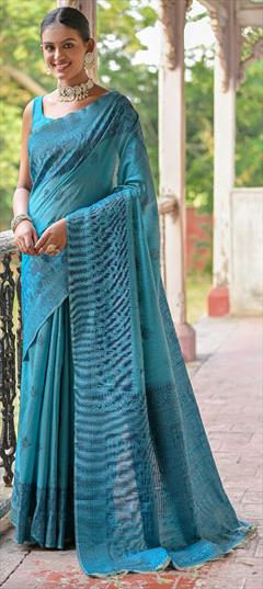 Party Wear, Traditional Blue color Saree in Raw Silk, Silk fabric with South Weaving work : 1924430