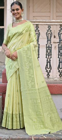 Party Wear, Traditional Green color Saree in Raw Silk, Silk fabric with South Weaving work : 1924431