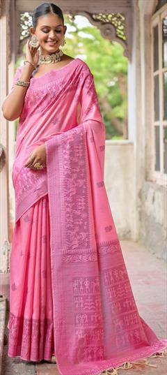 Party Wear, Traditional Pink and Majenta color Saree in Raw Silk, Silk fabric with South Weaving work : 1924432