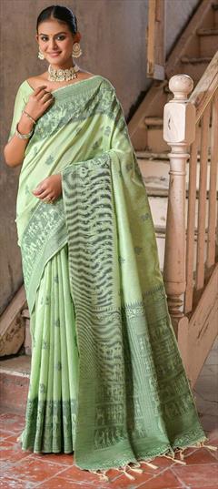 Party Wear, Traditional Green color Saree in Raw Silk, Silk fabric with South Weaving work : 1924433