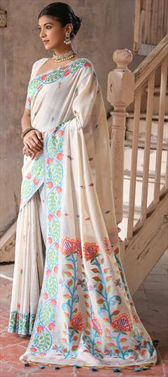 Party Wear, Traditional Blue, White and Off White color Saree in Cotton fabric with Bengali Printed work : 1924447