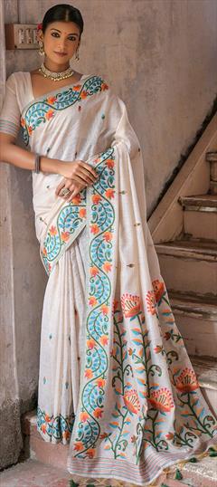 Party Wear, Traditional Green, White and Off White color Saree in Cotton fabric with Bengali Printed work : 1924451