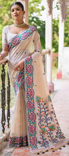 Party Wear, Traditional Blue, White and Off White color Saree in Cotton fabric with Bengali Printed work : 1924453