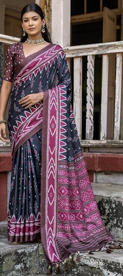 Casual, Traditional Black and Grey color Saree in Silk cotton fabric with Bengali Printed work : 1924467