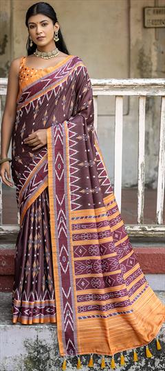 Casual, Traditional Beige and Brown color Saree in Silk cotton fabric with Bengali Printed work : 1924476