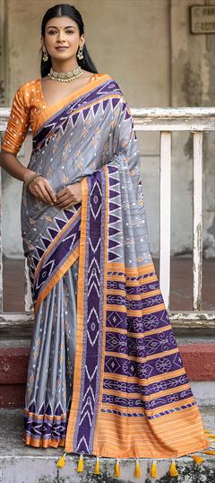Casual, Traditional Black and Grey color Saree in Silk cotton fabric with Bengali Printed work : 1924477