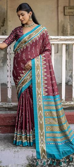 Casual, Traditional Red and Maroon color Saree in Silk cotton fabric with Bengali Printed work : 1924479
