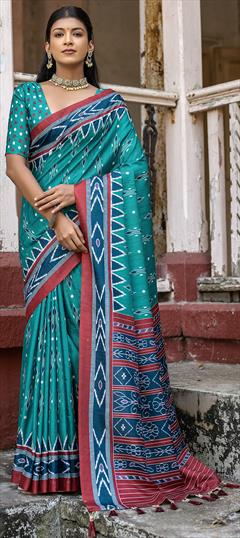 Casual, Traditional Blue color Saree in Silk cotton fabric with Bengali Printed work : 1924480