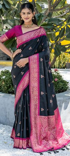 Festive, Reception, Traditional Black and Grey color Saree in Banarasi Silk fabric with South Weaving, Zari work : 1924484