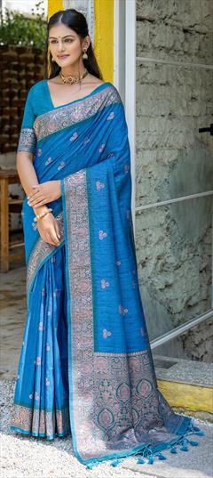 Festive, Reception, Traditional Blue color Saree in Banarasi Silk fabric with South Weaving, Zari work : 1924488