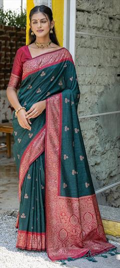 Festive, Reception, Traditional Green color Saree in Banarasi Silk fabric with South Weaving, Zari work : 1924490