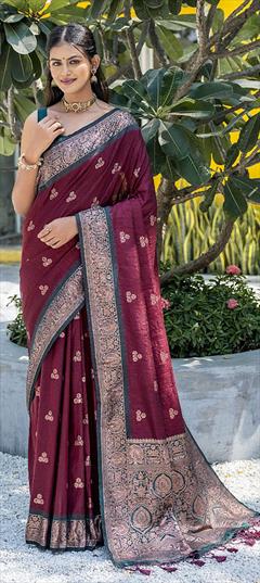 Festive, Reception, Traditional Red and Maroon color Saree in Banarasi Silk fabric with South Weaving, Zari work : 1924492