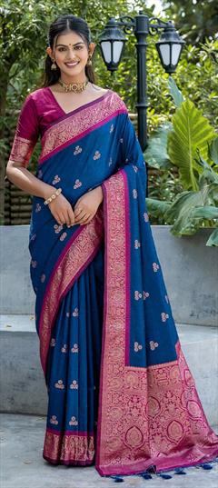 Festive, Reception, Traditional Blue color Saree in Banarasi Silk fabric with South Weaving, Zari work : 1924497
