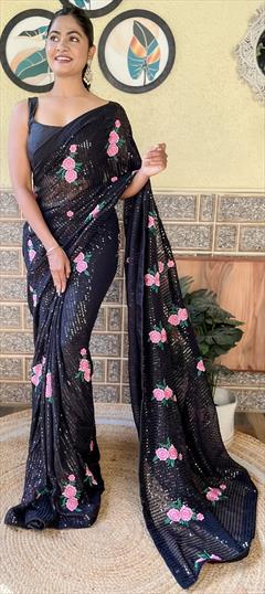 Festive, Party Wear, Reception Black and Grey color Saree in Georgette fabric with Classic Embroidered, Resham, Sequence work : 1924515