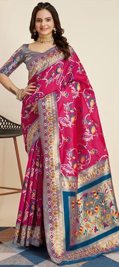 Party Wear, Traditional Pink and Majenta color Saree in Kanjeevaram Silk fabric with South Weaving, Zari work : 1924517