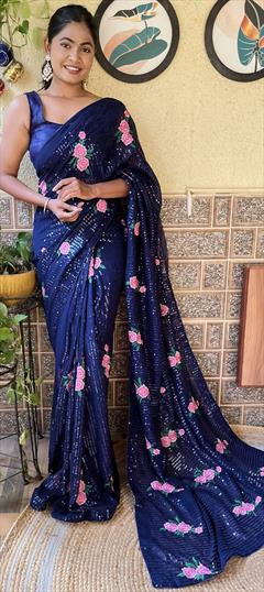 Festive, Party Wear, Reception Blue color Saree in Georgette fabric with Classic Embroidered, Resham, Sequence work : 1924521
