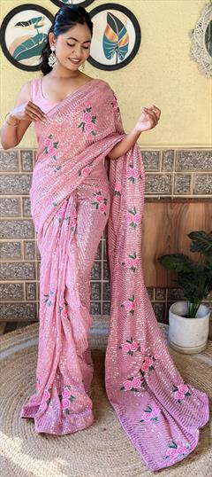 Festive, Party Wear, Reception Pink and Majenta color Saree in Georgette fabric with Classic Embroidered, Resham, Sequence work : 1924523