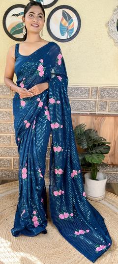 Festive, Party Wear, Reception Blue color Saree in Georgette fabric with Classic Embroidered, Resham, Sequence work : 1924525