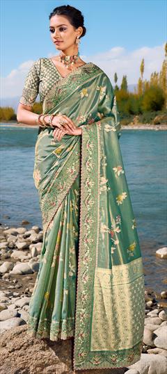 Bridal, Traditional, Wedding Green color Saree in Banarasi Silk fabric with South Border, Cut Dana, Mirror, Moti, Zari work : 1924531