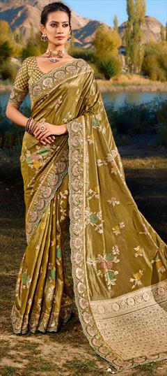 Bridal, Traditional, Wedding Green color Saree in Banarasi Silk fabric with South Border, Cut Dana, Mirror, Moti, Zari work : 1924536