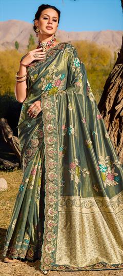 Bridal, Traditional, Wedding Green color Saree in Banarasi Silk fabric with South Border, Cut Dana, Mirror, Moti, Zari work : 1924540