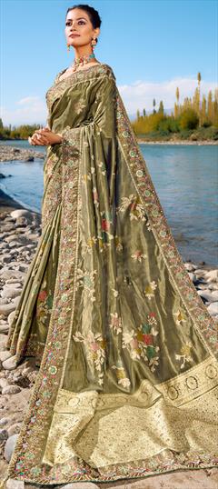 Bridal, Traditional, Wedding Green color Saree in Banarasi Silk fabric with South Border, Cut Dana, Mirror, Moti, Zari work : 1924547