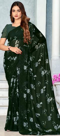 Casual Green color Saree in Georgette fabric with Classic Floral, Printed work : 1924551