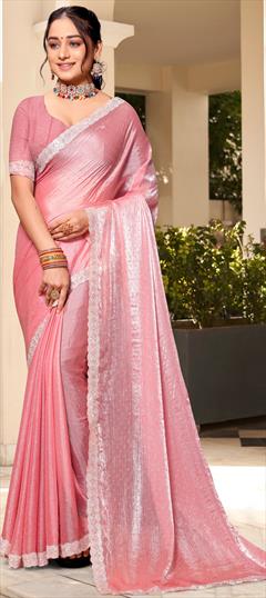 Traditional, Wedding Pink and Majenta color Saree in Silk fabric with South Swarovski, Zircon work : 1924576