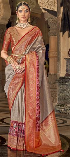 Bridal, Traditional, Wedding Black and Grey, Red and Maroon color Saree in Banarasi Silk fabric with South Weaving, Zari work : 1924591