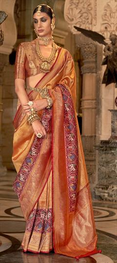 Bridal, Traditional, Wedding Gold color Saree in Banarasi Silk fabric with South Weaving, Zari work : 1924592