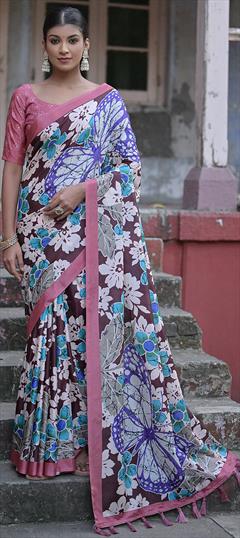 Casual, Traditional Beige and Brown color Saree in Silk cotton fabric with South Printed work : 1924607