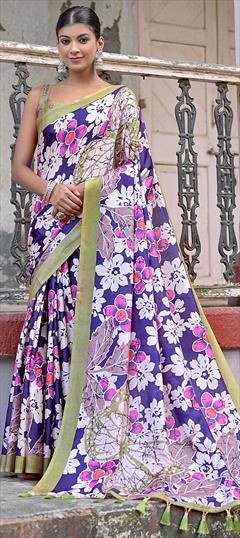 Casual, Traditional Blue color Saree in Silk cotton fabric with South Printed work : 1924611