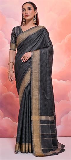 Party Wear, Traditional Black and Grey color Saree in Cotton fabric with Bengali Weaving, Zari work : 1924619