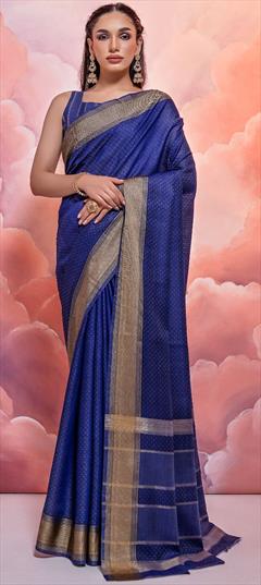 Party Wear, Traditional Blue color Saree in Cotton fabric with Bengali Weaving, Zari work : 1924621