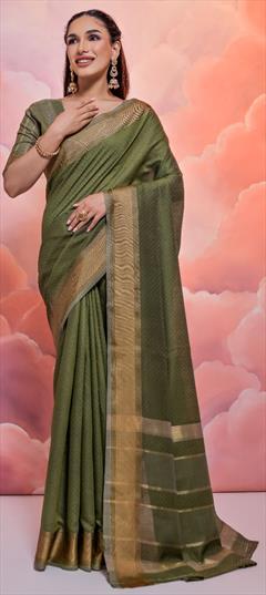 Party Wear, Traditional Green color Saree in Cotton fabric with Bengali Weaving, Zari work : 1924622