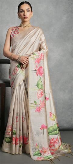 Party Wear, Traditional Beige and Brown color Saree in Silk, Tussar Silk fabric with South Printed, Weaving, Zari work : 1924623