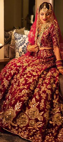 Bridal, Wedding Red and Maroon color Lehenga in Velvet fabric with Flared Embroidered, Sequence, Thread, Zari work : 1924624